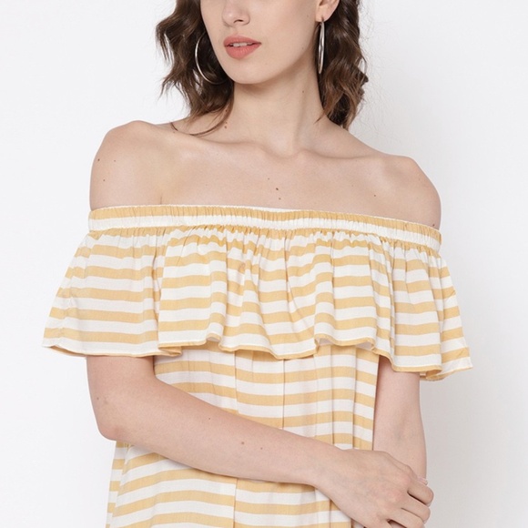 Beige/ Yellowish & White Striped Off-Shoulder A-Line Dress - Picture 7 of 9